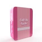 a pink box with the words cafe de tarte on it's front and side