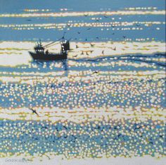 a painting of a fishing boat in the ocean