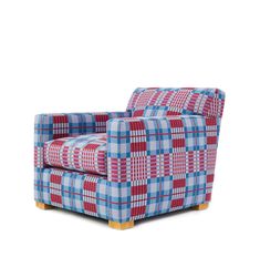 a blue and red checkered chair with wooden legs