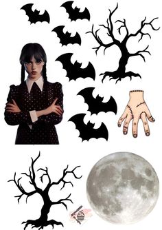 a woman standing in front of a tree with bats on it and a full moon behind her