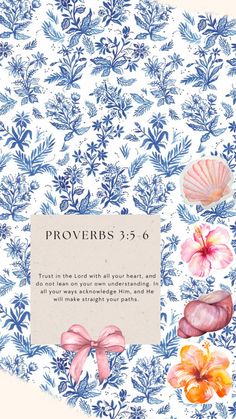 a blue and white floral background with pink flowers on the bottom, two seashells in