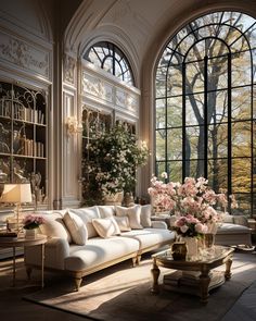 an elegant living room with large windows and white furniture