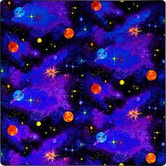 an abstract painting with stars and planets in purple, blue, yellow and red colors