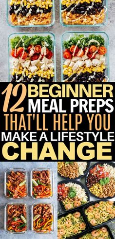 meal prepped in plastic containers with text overlay that reads, 12 beginner meal preps that'll help you make a life style change