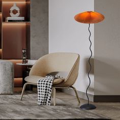 a modern living room with an orange floor lamp