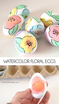 several painted eggs with flowers on them and the words watercolor floral eggs written on them