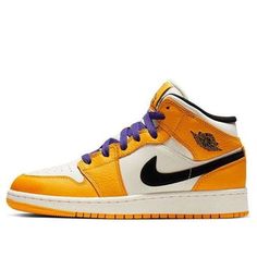 (GS) Air Jordan 1 Mid 'Lakers Gold' BQ6931-700 (AJ1/SNKR/Retro/Mid Top/Basketball) Mid Top, Air Jordan 1 Mid, Jordan 1 Mid, Air Jordan 1, Jordan 1, Purple And Black, Air Jordan, Air Jordans, Jordan