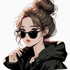 a drawing of a woman wearing sunglasses and a black jacket with her hair in a bun