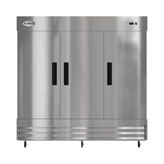 two stainless steel refrigerators sitting side by side on casteors with black handles and doors