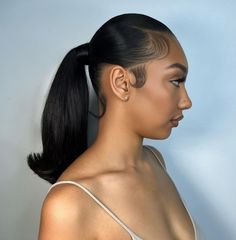 Barbie Ponytail with Flipped Ends Sleek Mid Ponytail Black Women, Barbie Style Ponytail, Slicked Back Ponytail Black Women, Pony Extension Ponytail Hairstyles, Flipped Ponytail Hairstyles Black Women, Flip Ponytail Hairstyle Black Women, Ponytail With Flipped Ends, Low Barbie Ponytail, Low Short Ponytail