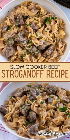 two bowls filled with beef stroganoni and noodles on top of a table