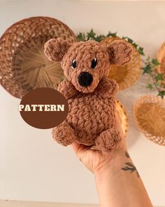 a hand holding a brown teddy bear in front of a wall with baskets and plants