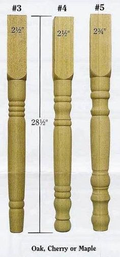 three wooden posts are shown with measurements for each one in the same size and shape