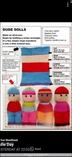 an advertisement for knitted dolls with instructions to make them