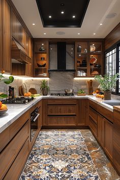 a kitchen with wooden cabinets and tile flooring, along with potted plants on the counter