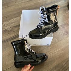 See By Chloe Florrie Rain Boots Black 37 Logo Lace Combat Style Nwb One Boot Is Missing Back Tab But Can Be Repaired By Chloe Combat Style, Chloe Shoes, See By Chloe, Boots Black, Rain Boots, Black Boots, Bootie Boots, Chloe, Ankle Boots