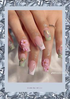 Gel X Nail Ideas Short, Hibiscus Flower Nails Green, Besame Mucho Nails, Glitter Base Nails, Short Festival Nails, Gel X Square Nails, Acrylic Nails Flower Design, Rapunzel Inspired Nails, Gel Flower Nails