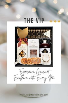 Gift box labeled "The VIP" containing artisanal popcorn, candied pecans, dried orange slices, a drink mix, and chocolates. Text reads "Experience Gourmet Excellence with Every Item" and "www.jnjgiftsandmore.com". Gourmet Gift Box, Gourmet Chocolates, Cocktail Mixer, Craft Cocktail