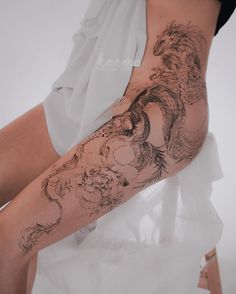 a woman's leg with tattoos on it