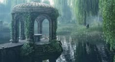 a gazebo sitting in the middle of a lake surrounded by green plants and trees