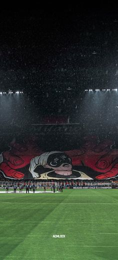 a stadium filled with lots of people standing on top of a soccer field covered in snow