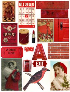 an assortment of red and white items including letters, numbers, pictures, and other things