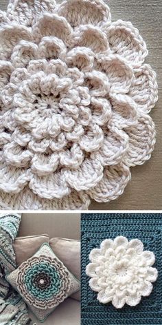 crochet patterns for pillows and rugs are shown in three different styles, including the flower