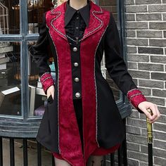 A jacket, vest, and shorts that resembles a medieval European aristocracy. This item is made with a combination of glossy jacquard fabric, and the bold button decoration gives it a noble impression. It is reminiscent of the glamorous and elegant Edwardian era. 
 
 

 

 
 
 Item 
 
 
 Jacket 
 Best 
 Half pants 
 
 
 Size 
 
 Jacket 
 
 S size 
 
 Length (front): 90cm 
 Length (back): 78cm 
 Shoulder width: 38cm 
 Bust: 88cm 
 Waist: 70cm 
 Sleeve length: 60cm 
 
 M size 
 
 Length (front): 91cm Steampunk Jacket Womens, Gothic Stand Collar Outerwear For Costume Party, Gothic Stand-collar Outerwear For Costume Party, Gothic Outerwear With Stand Collar For Costume Party, Vampire Style Outerwear With Buttons For Costume Party, Vampire Style Outerwear For Costume Party, Vampire Style Fitted Costume Outerwear, Fitted Long Sleeve Noble Outerwear, Gothic Red Outerwear For Halloween