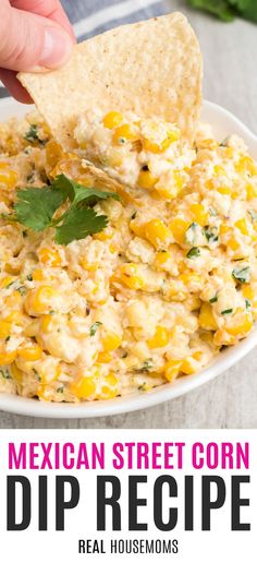 mexican street corn dip recipe in a white bowl