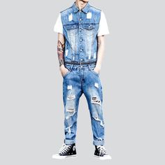 Make a statement this season with our 2023 Spring-Summer Collection of distressed bare-shoulder men's denim overalls! Crafted with an edgy distressed pattern for a modern street style. these overalls offer a blend of contemporary fashion and nostalgic grunge. With a slim fit and a seamless blend of a resilient zipper and stylish button closure. these overalls deliver both functionality and flair. Crafted with premium quality denim for durability. our overalls are the ultimate expression of grung Urban Distressed Jeans For Summer, Ripped Denim Blue Vest For Summer, Summer Ripped Denim Blue Vest, Summer Ripped Denim Vest In Denim Blue, Trendy Ripped Denim Vest For Summer, Distressed Cotton Denim Jumpsuit For Summer, Distressed Denim Jumpsuit For Summer, Casual Dark Wash Sleeveless Overalls, Summer Distressed Cotton Denim Jumpsuit