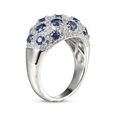 Striking blue and white come together in this fanciful domed cluster ring. Sterling silver Round-cut blue lab-created sapphires dot the cluster of white lab-created sapphires in a symmetrical pattern Sapphire Cluster Ring, Symmetrical Pattern, White Lab, Come Together, Ring Sterling Silver, Cluster Ring, Sterling Ring, Round Cut, Sterling Silver Rings