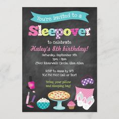 a chalkboard style sleepover birthday party card