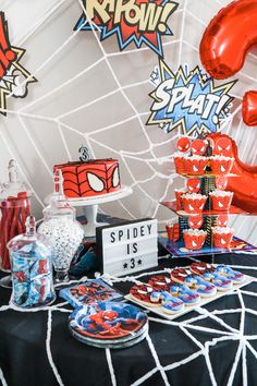 Spider-man 3rd birthday party decor cake boy dessert Spiderman Table Set Up, 3rd Superhero Birthday Party, Two Year Old Spiderman Party, Batman And Spiderman Birthday Party, Amazing Spiderman Birthday Party, Spiderman Birthday Party Table Decor, Boho Spiderman Party, 2nd Spiderman Birthday