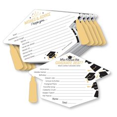 graduation party advice cards with gold caps and tassels on them, set of 10