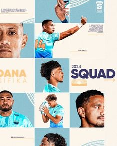 an advertisement for the 2012 aqua squad featuring several different men in their uniforms and numbers