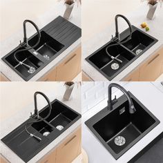 four different views of a kitchen sink with faucets on the top and bottom