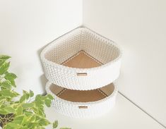 two baskets sitting next to each other on top of a white wall near a potted plant