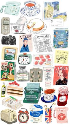 a collage of various items that include an old fashioned typewriter and other things