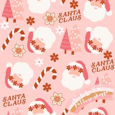 santa claus and candy canes are on the pink background with snowman, trees, and flowers