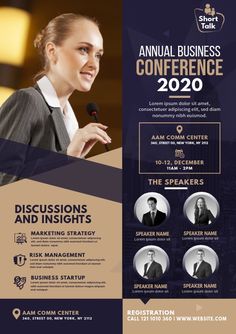 a brochure for an annual conference with two women in business attire and one man speaking