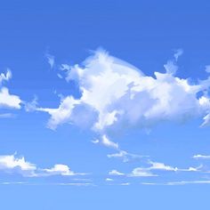 an airplane flying in the blue sky with white clouds and some grass on the ground