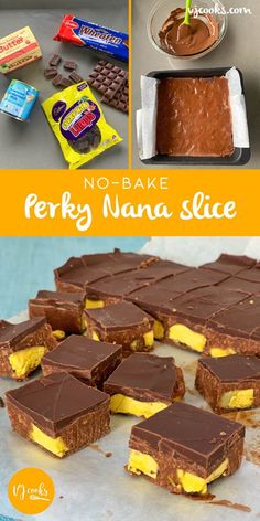 no - bake perky nana slice with chocolate and candy on the side