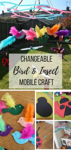 a collage of photos with the words, changeable bird and insect mobile craft