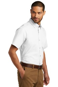 3.3-ounce, 55/45 cotton/poly; Dyed-to-match buttons; Button-down collar; Back box pleat; Left chest pocket; Stain release finish White Poplin Shirt For Office, White Poplin Office Shirt, Short Sleeve Cotton Dress Shirt For Business, Classic Short Sleeve Poplin Shirt, White Short Sleeve Business Casual Dress Shirt, White Short Sleeve Dress Shirt For Business Casual, Professional White Shirt For Business Casual, Professional White Business Casual Shirt, White Short Sleeve Dress Shirt For Work