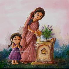 a painting of a mother and daughter watering water on the ground with plants in it