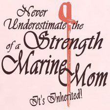 there is an image of the title for this book, it's titled never underestimate the strength of a strong marine mom