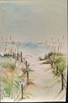 a drawing of a beach with grass and fence