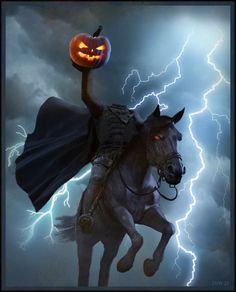 a man riding on the back of a horse with a pumpkin in his hand and lightning behind him