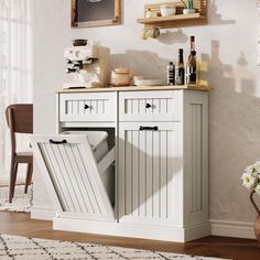 a white cabinet with open doors in a room