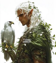 a man with white hair holding a bird on his arm and wearing a green cape